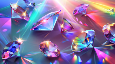 The reflection of sun rays onto the surface of gemstones or glasses with rainbow holograms. Iridescent optical effect of beams passing through jewelry.の素材