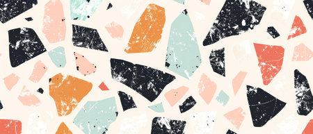 An abstract, grunge seamless pattern with a noise background and rock stickers. A trendy modern illustration and collage based on a grunge themeの素材