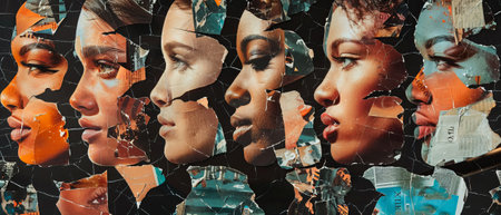 Portraits of people of diverse age, gender, and race displayed on a black background. Concept of social equality, human rights, freedom, diversity, and acceptance.の素材