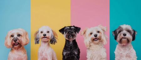 The image shows a cute puppy posing on an isolated colorful or gradient background. Photographs shot in the studio. The image depicts a collage of different kinds of dogs. A flyer for yourの素材