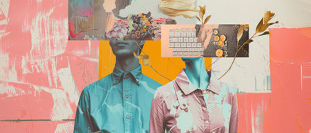 Symbolism, modern technology, inspiration. Couple, couple with keyboard buttons instead of heads. Cheerful talks and romantic time. Abstract contemporary art collage.の素材