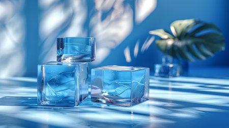 Display podium box isolated on white background. Empty crystal pedestal platform for product demonstration. Minimal realistic plastic square and cylinder stand.の素材