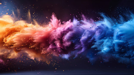 The color explosion of Holi paint powder. Blue pink, yellow purple dust splashes on dark transparent background, decorative element for Indian festivals.の素材