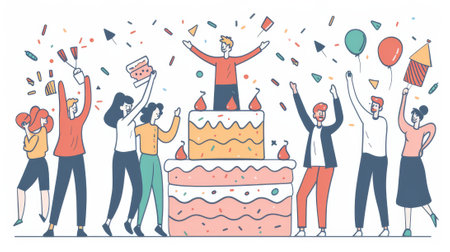 There are people celebrating around a giant cake in flat design style. It is a modern illustration with a minimal design style.の素材