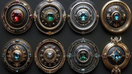 For UI design of a game, this empty circle silver and gold frame with gems is designed on a white background.の素材