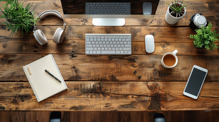 View from the top of a wooden table showing a computer, stationery, coffee cup, and plant on the desk. Modern cartoon flat lay showing a desk with a monitor, keyboard, mobile phone, note book, andの素材