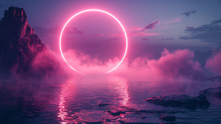 There is a neon circle frame with smoke on the surface of the water. A round glowing frame with a magic light along with soft clouds. Purple ring with brilliant sparkles and flares, Realistic 3Dの素材