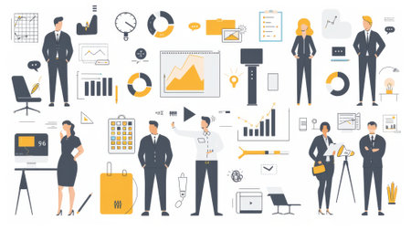 The task is presented in sections. Flat design style minimal modern illustration of business people with various tasks.の素材