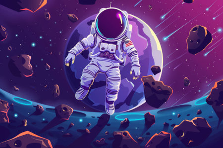 Modern illustration of astronaut in suit and helmet exploring a faraway planet with rocks, cracks and glowing spots.の素材