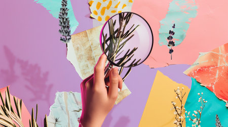 This collage features modern elements with a magnifying glass in hand. Trendy shapes on a purple background.の素材