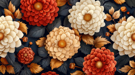Decorative seamless pattern with hand-drawn chrysanthemums flowers and leaves. Perfect for packaging, wallpaper, or fabrics.の素材