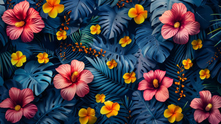 A modern floral jungle pattern in a collaged graphic design style. This pattern is hand drawn with a cartoon style.の素材