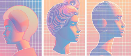 An abstract poster design layout designed in y2k style with a grid geometric shape and icon. A modern set of banner or cover composition templates with a wireframe 3D figure in 2000s aesthetics.の素材