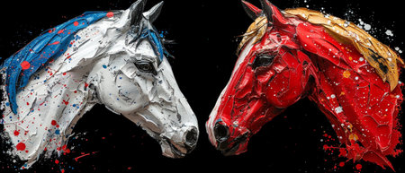 The subject matter of this painting is modern, abstract, with metal elements, textured backgrounds, animals, and horses.の素材