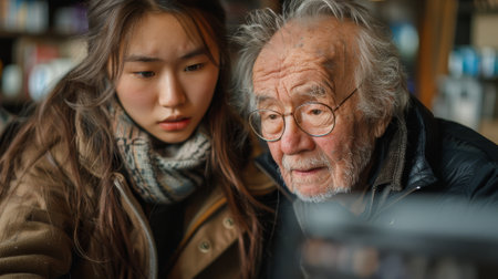 Volunteers teach an elderly person how to use a computer.の素材