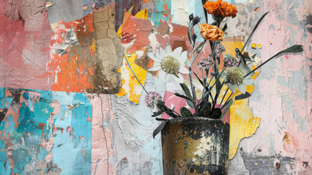 Modern painting, abstract, metal element, texture background, flowers, plants, vase of flowers...の素材