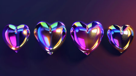 An illustration of 3d holographic hearts in a y2k style set isolated on a dark background. Rhinned iridescent chrome hearts with rainbow gradient effect and love text.の素材