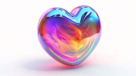 Holographic 3D heart icon with fire flame isolated on white background in the style of Y2K. 3D iridescent chrome hot heart emoji with rainbow gradient effect.の素材