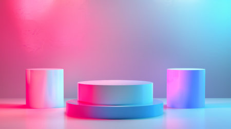 Abstract scene hologram shape with 3D hologram podium on holographic background. Fluid holo cylinder and square platform for product presentation.の素材
