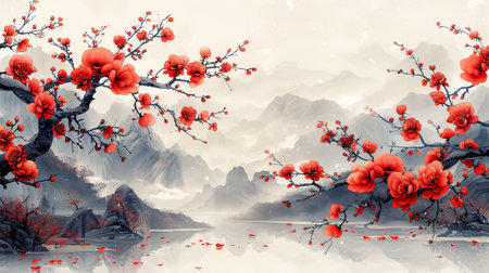 Natural landscape background with Asian icons texture modern. Red chrysanthemum flower leaf decoration in vintage style. Floral design..の素材