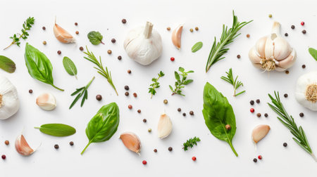 Atop a white background are garlic and herbs, isolated on a white background.の素材