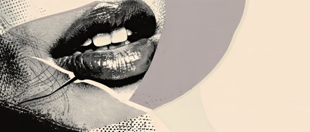 On a beige background, female lips are half-toned on top of a beautiful smile with teeth. Modern vintage illustration in the style of pop art..の素材