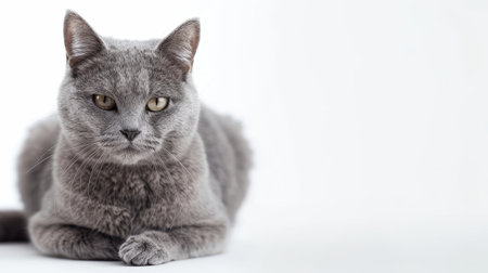 White background with a beautiful gray cat.の素材