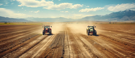 A picture of tractors planting potatoes in Idaho's fertile fields.の素材