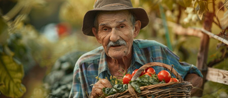 The senior gardener carries a basket of vegetables from the gardenの素材