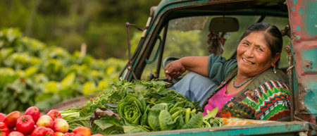 The indigenous woman in Guatemala is happy and has fresh vegetables on board her truck.の素材