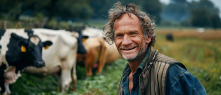 A mature male farmer in a countryside farm with organically grown cows used in biological milk products industry smiles proudly in camera.の素材