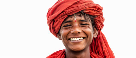On a white background, a young Indian farmer is giving an expression.の素材