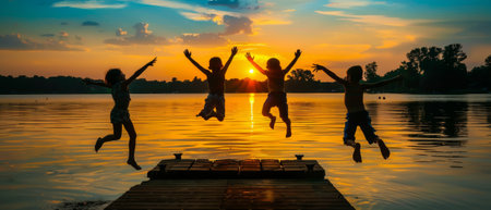 Children jumping off the dock on the lake as the sun sets.の素材
