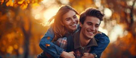 The boyfriend rides on the piggyback of his girlfriend in a park with a young couple.の素材