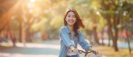 The Asian young woman walks and rides her bike in a park, walks on the street and smiles as she uses her bicycle as a mode of transportation in the city. This is an example of ECO friendly or peopleの素材
