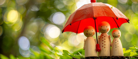 Under a red umbrella, a family of wooden dolls protects wooden peg dolls, plans, saves families, prevents risks and crises, and explains insurance and health care.の素材