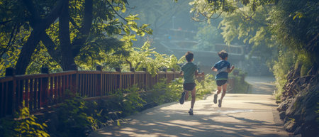 There is a young couple running.の素材