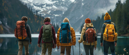 The back view of five friends on a camping trip walking near a lakeの素材