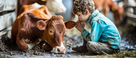 A young farmer and his calf in the cowshed of a dairy farm.の素材