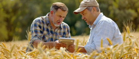 Farmers inspecting wheat crops in a field...の素材