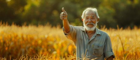 Old mature man smiling with a white beard and thumb up feeling confident. Elderly Asian man standing at corn field in a shirt looking at camera.の素材