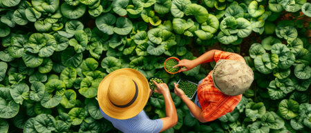 View from above of two young farmers talking and using a tablet in the field of chickpeasの素材