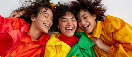 This beautiful portrait shows three adorable multi-ethnic women smiling and embracing on a white background.の素材