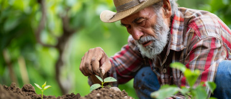 An organic farmer who practices sustainable agriculture by taking soil samples and observing plant growth.の素材