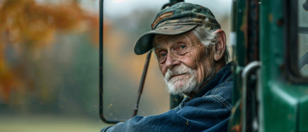 Farmer driving tractor with thoughtfulness and good looksの素材