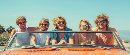 Friends on a summer's day road trip as young hipstersの素材