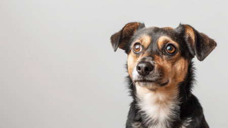 The portrait depicts a cute brown, black, and white mixed breed rescue dog looking forward against a white background with its head tilted.の素材