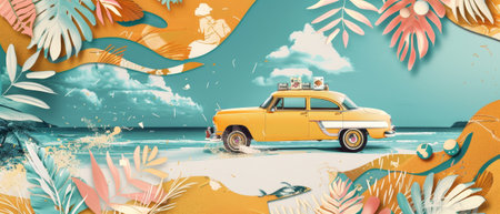 Stack of suitcases on top of little yellow retro taxi car. Cartoon modern illustration. Car side view with surfboard. Southern landscape with sand. Taxi transfer on vacation..の素材