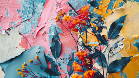 Painting abstracts with oil and paper. Flowers, leaves. Luminous golden texture. Prints, wall papers, posters, cards, murals, carpets, decorations, wall art, posters.....の素材