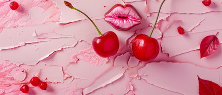 Saint Valentine's Day card with cherries in the shape of lips kissing on pink background. Copyspace. Contemporary colorful art collage, romantic, love concept..の素材